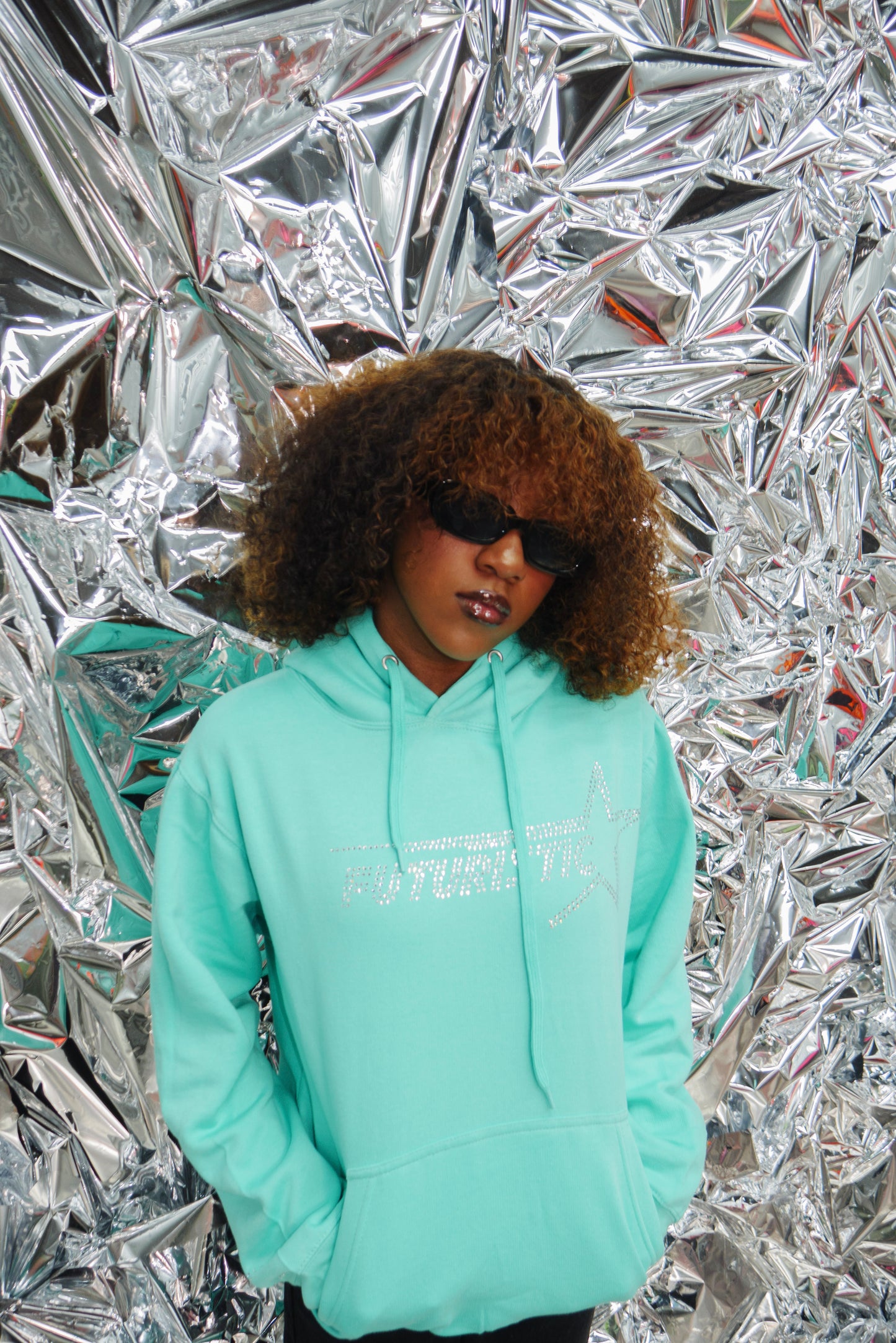 Teal Neon Futuristic Rhinestone Hoodie