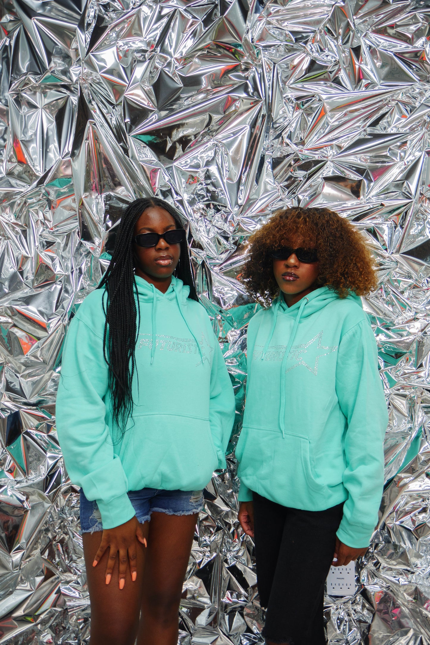 Teal Neon Futuristic Rhinestone Hoodie